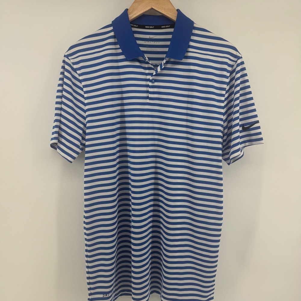 Nike Striped Polo Mens Size M Blue White Dri-Fit Short Sleeve Golf Casual Preppy